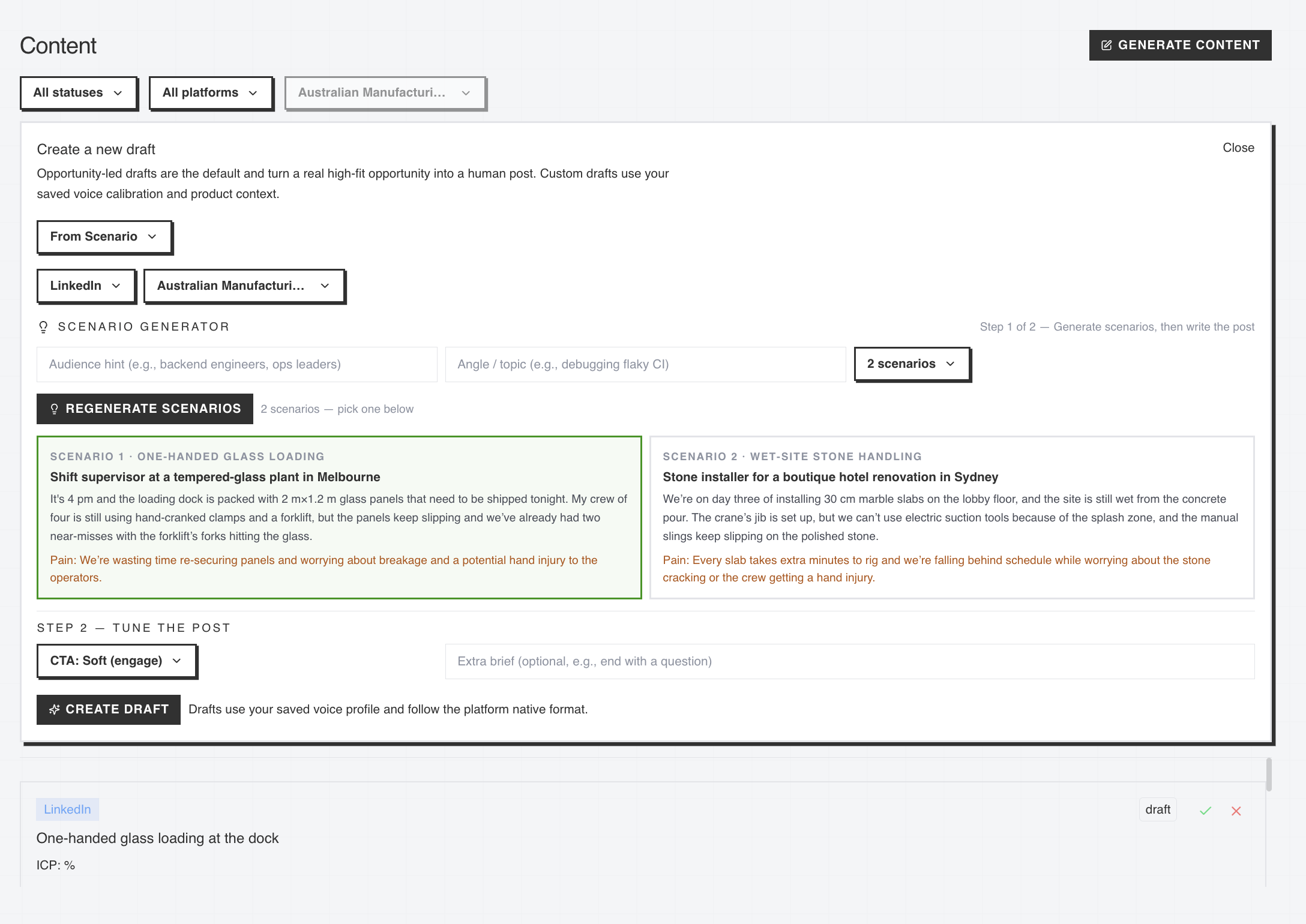 distroed operator briefs dashboard generating draft scenarios and posts from matched opportunities