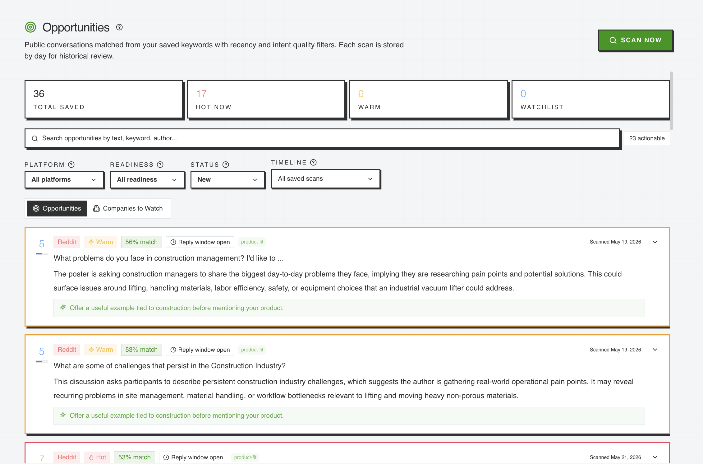 distroed opportunities dashboard showing matched conversations, readiness filters, and recommended actions