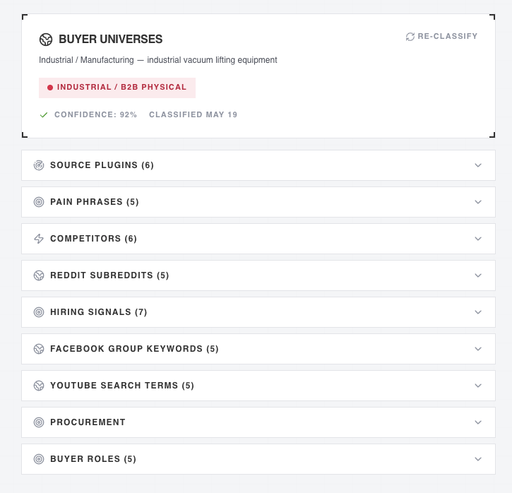 distroed buyer universes dashboard with source plugin targeting and classification